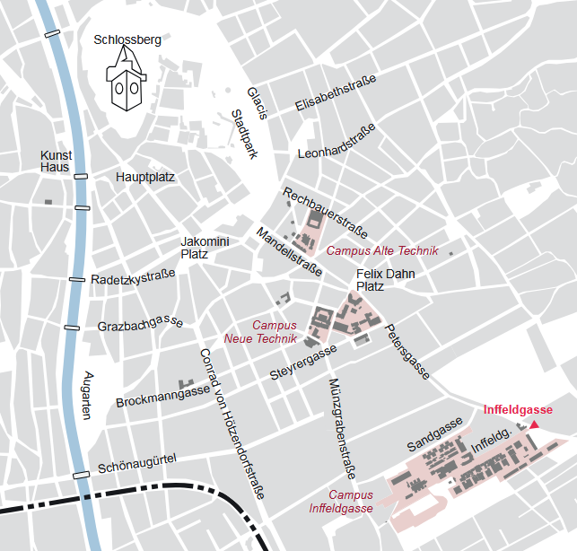 map showing the Campi of TU Graz